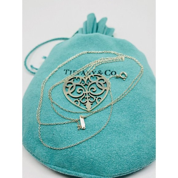 RARE 31.5” Tiffany & Co Silver Large Enchant Scroll Heart Pendant Necklace Box!